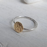 Gold and Silver Ring - Textured Brass Disk with a Sterling Silver Band