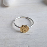 Gold and Silver Ring - Textured Brass Disk with a Sterling Silver Band