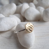 Gold and Silver Ring - Textured Brass Disk with a Sterling Silver Band