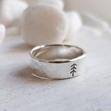 Silver Hammered Ring with Pine Tree - 925 Tree Ring