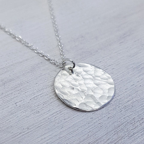 Sterling Silver Full Moon Necklace - Hammered Disk