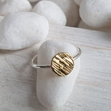 Gold and Silver Ring - Textured Brass Disk with a Sterling Silver Band