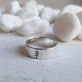 Silver Hammered Ring with Pine Tree - 925 Tree Ring